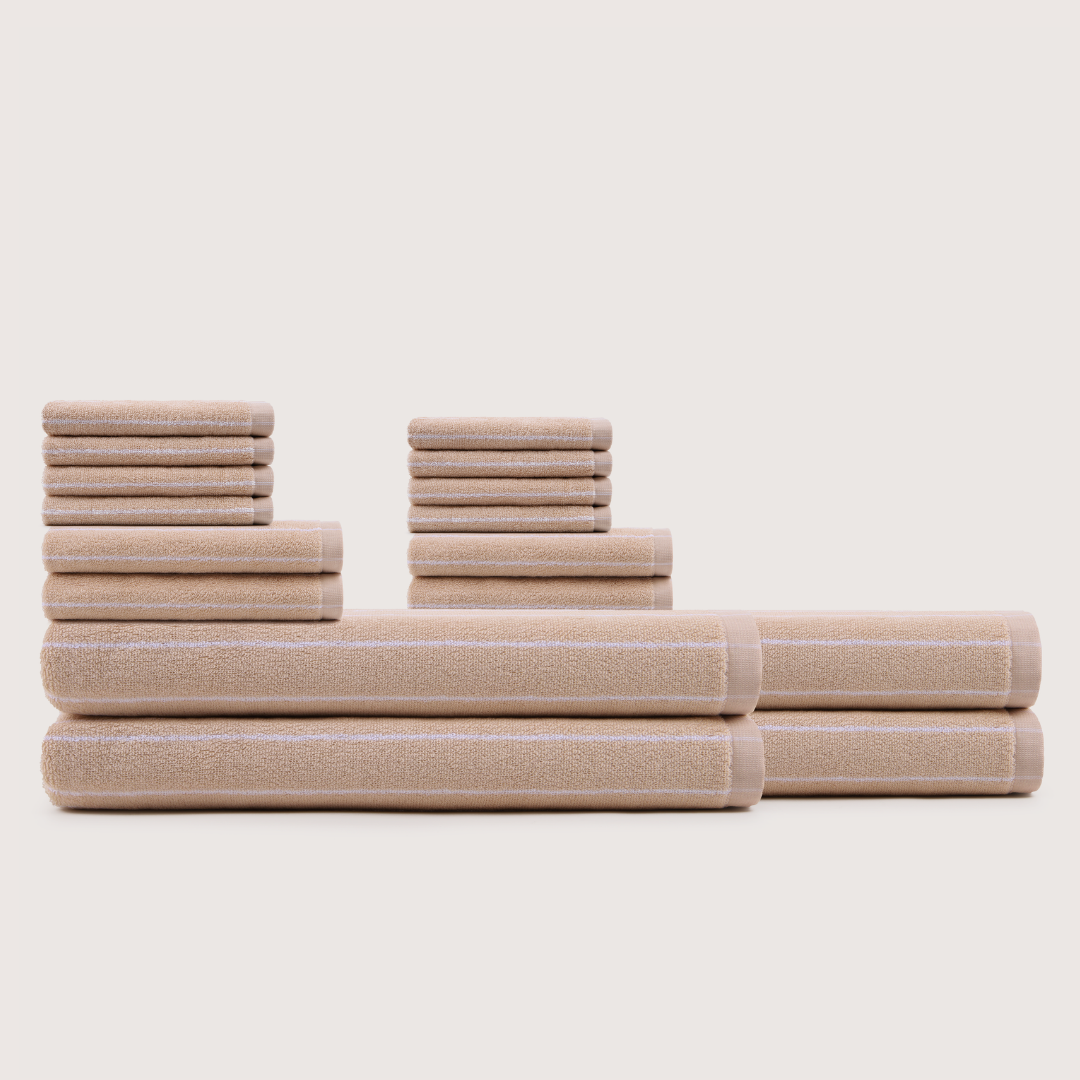 Truenova Ultrasoft 16-Piece Family Towel Set with bath sheets, in Sand & White stripe