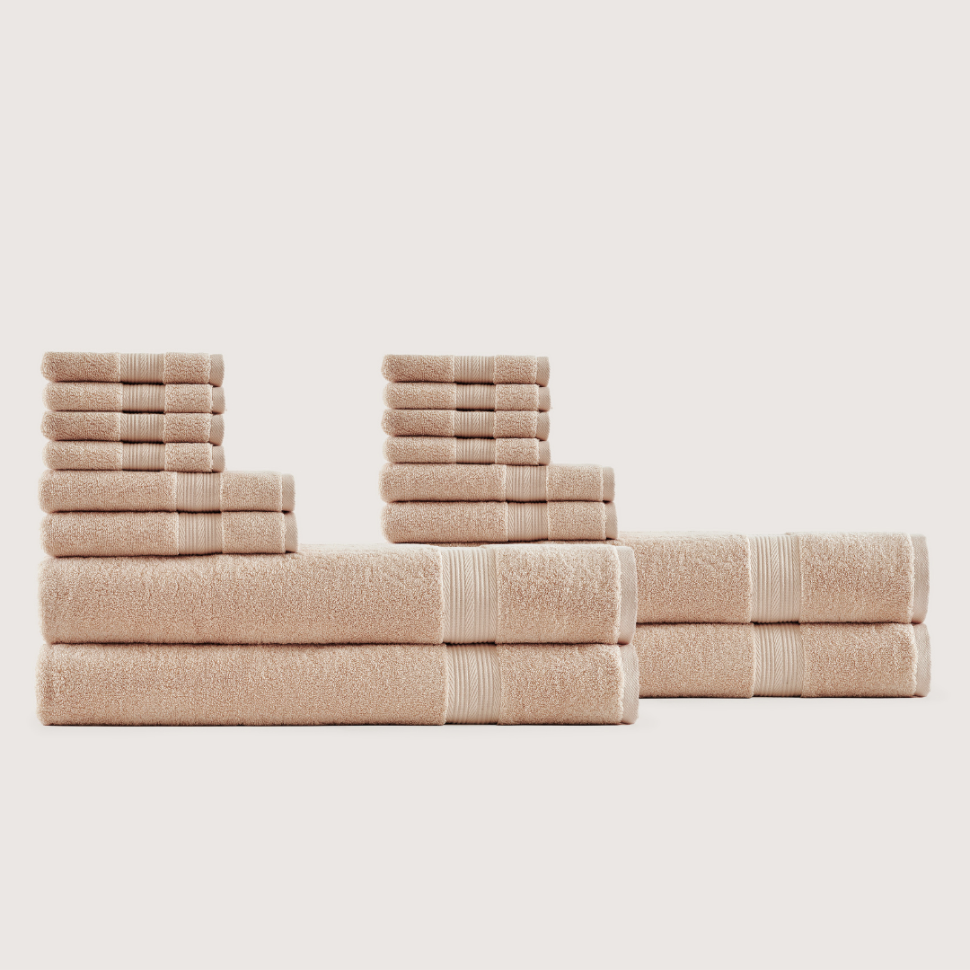 Truenova Ultrasoft 16-Piece Family Towel Set with bath sheets, in Sand