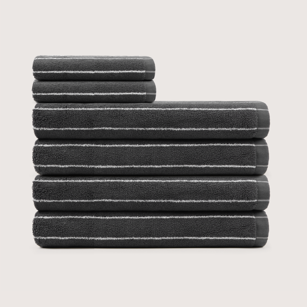 Truenova Ultrasoft 6-Piece Spa Towel Set with bath towels, in Charcoal & White stripe