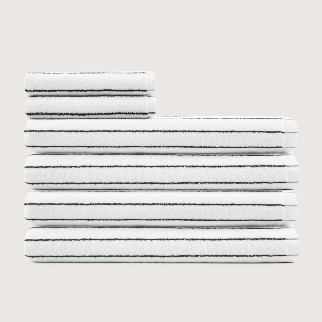 Truenova Ultrasoft 6-Piece Spa Towel Set with bath sheets, in Cloud White & Olive Green stripe