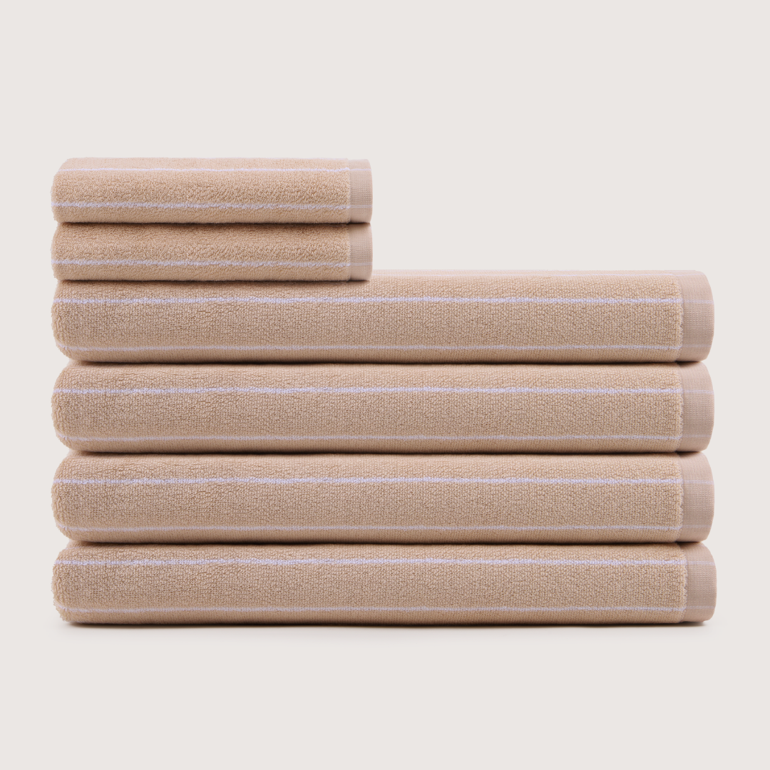 Truenova Ultrasoft 6-Piece Spa Towel Set with bath sheets, in Sand & White stripe