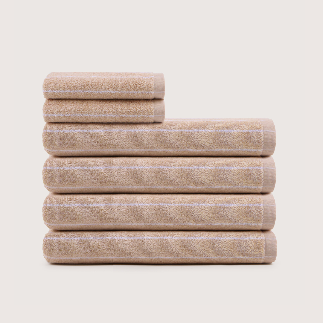 Truenova Ultrasoft 6-Piece Spa Towel Set with bath towels, in Sand & White stripe