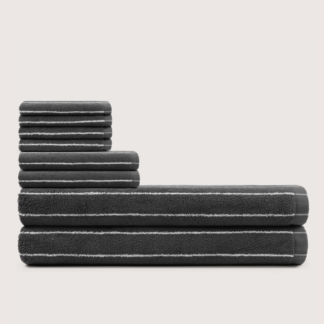 Truenova Ultrasoft 8-Piece Bath Towel Set with bath sheets, in Charcoal & White stripe