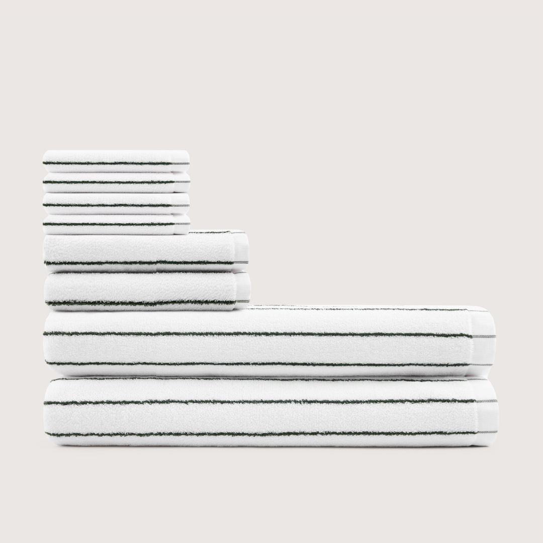 Truenova Ultrasoft 8-Piece Bath Towel Set with bath towels, in Cloud White & Olive Green stripe