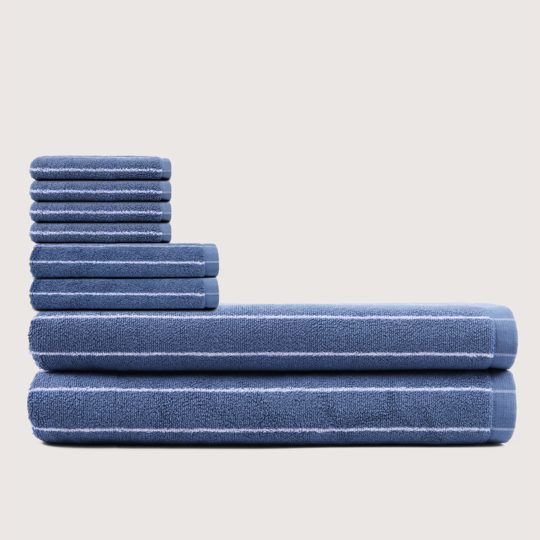 Truenova Ultrasoft 8-Piece Bath Towel Set with bath sheets, in Lapiz Blue & White stripe