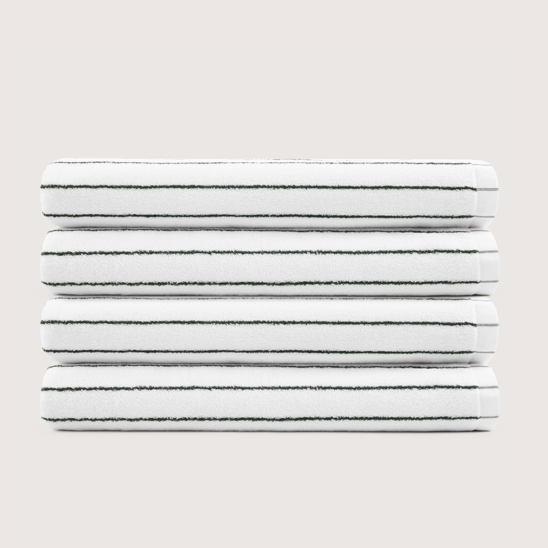Pack of 4 Truenova Ultrasoft cotton bath sheets in Cloud White & Olive Green stripe