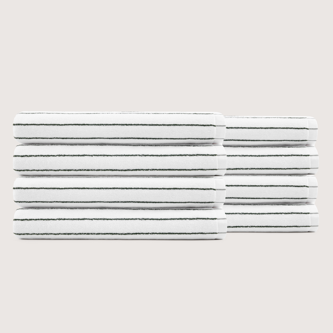 Pack of 8 Truenova Ultrasoft cotton bath sheets in Cloud White & Olive Green stripe