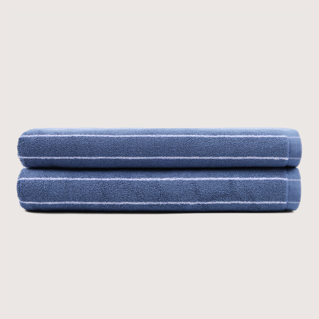 Pack of 2 Truenova Ultrasoft cotton bath sheets in Lapiz Blue & White stripe