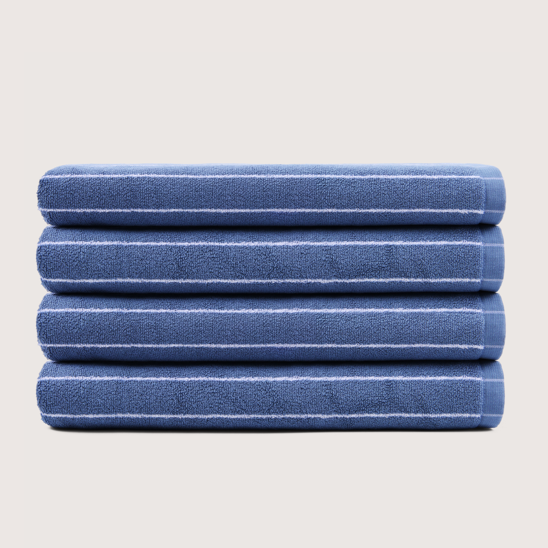 Pack of 4 Truenova Ultrasoft cotton bath sheets in Lapiz Blue & White stripe