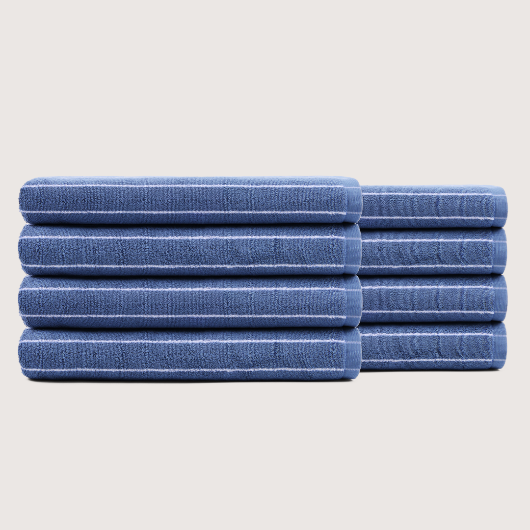 Pack of 8 Truenova Ultrasoft cotton bath sheets in Lapiz Blue & White stripe