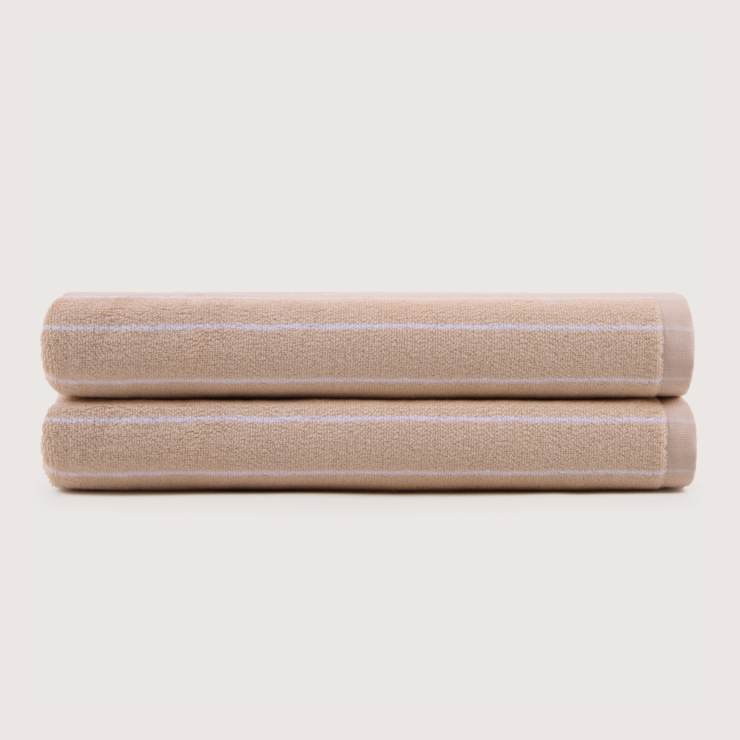 Pack of 2 Truenova Ultrasoft cotton bath sheets in Sand & White stripe