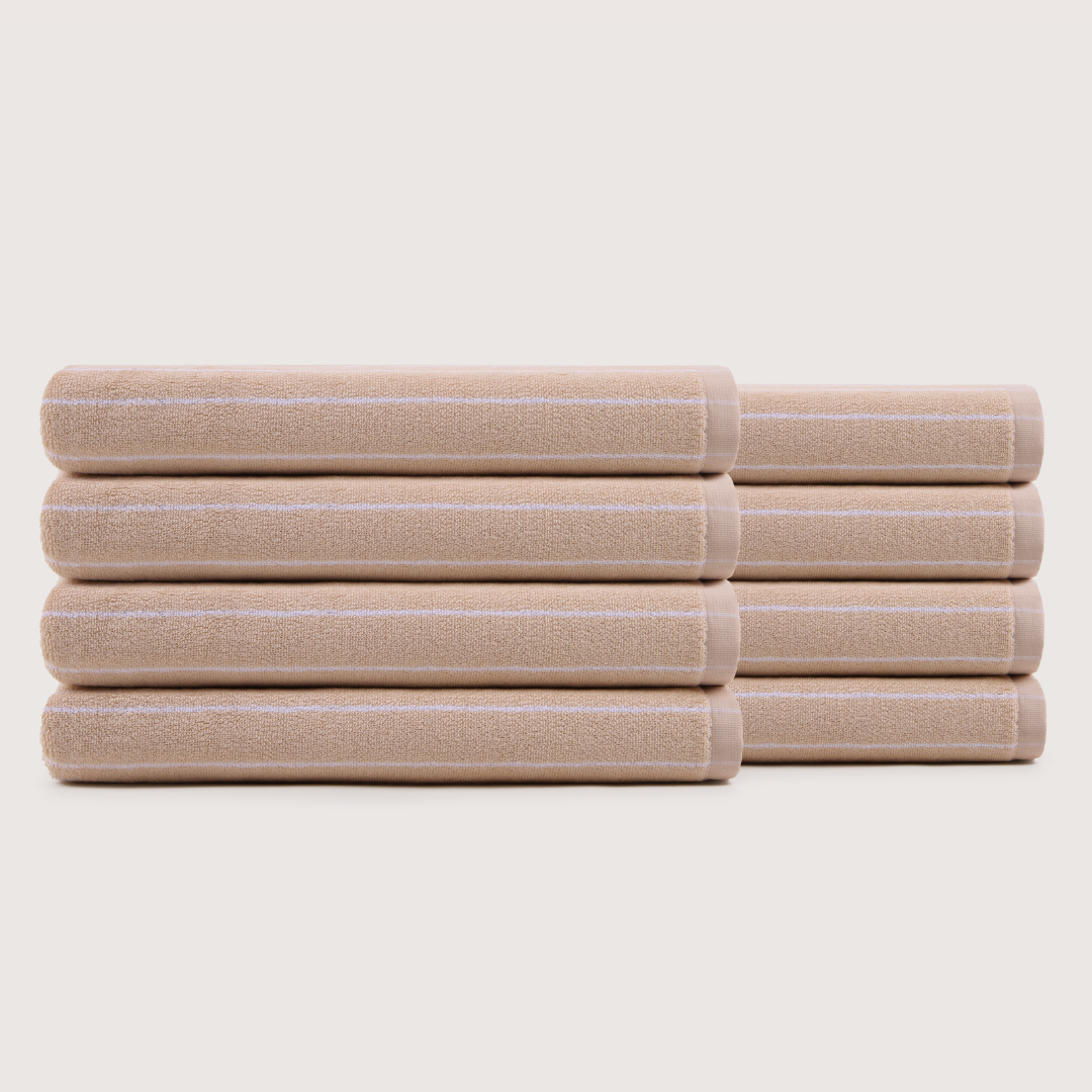 Pack of 8 Truenova Ultrasoft cotton bath sheets in Sand & White stripe