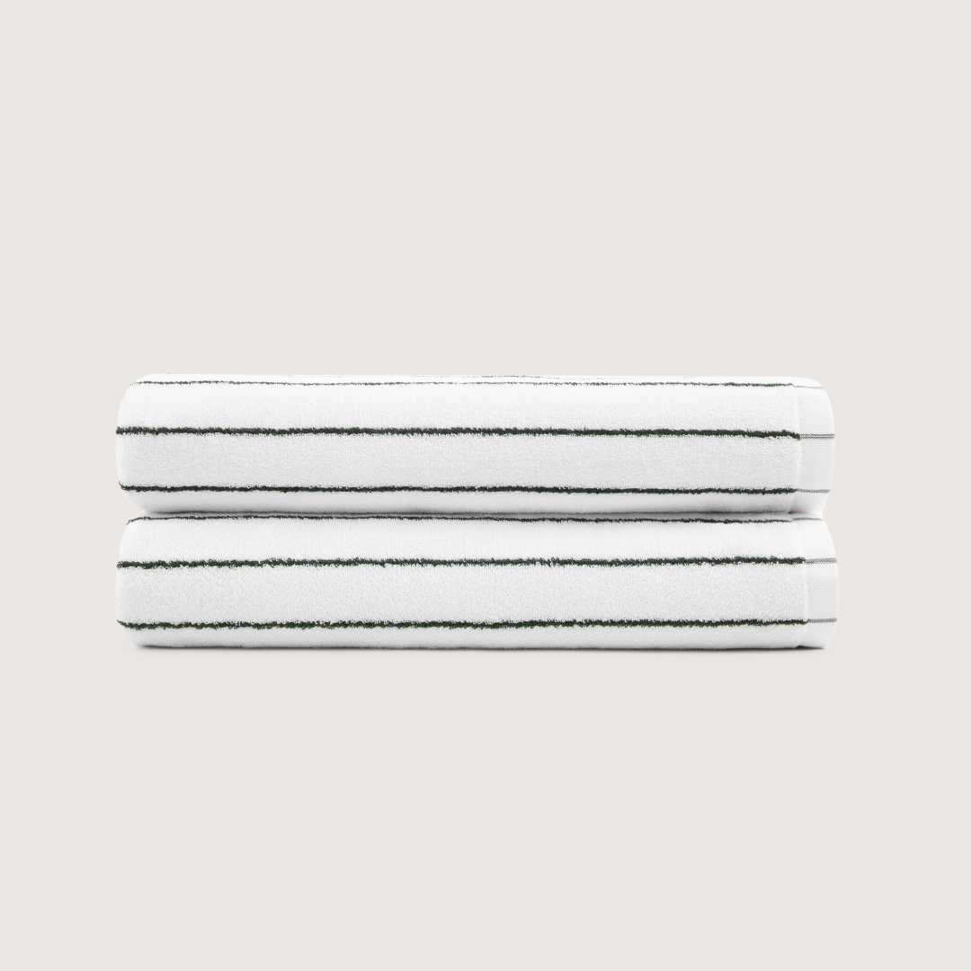 Pack of 2 Truenova Ultrasoft cotton bath towels in Cloud White & Olive Green stripe
