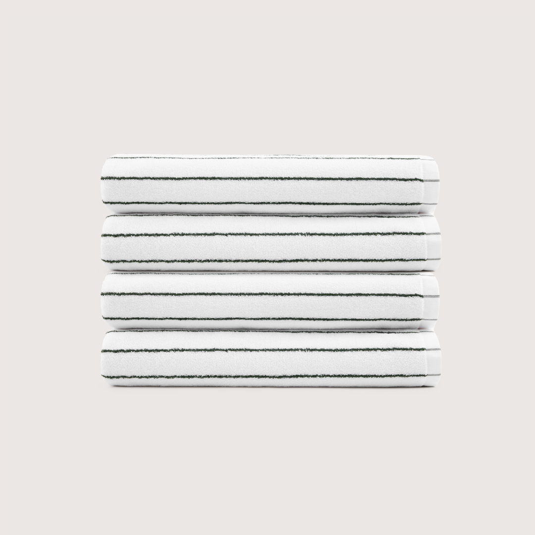 Pack of 4 Truenova Ultrasoft cotton bath towels in Cloud White & Olive Green stripe