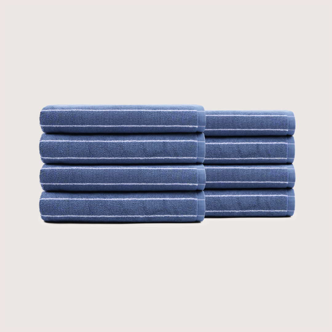Pack of 8 Truenova Ultrasoft cotton bath towels in Lapiz Blue & White stripe