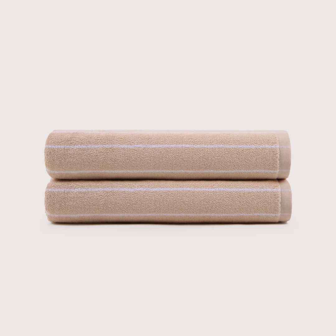 Pack of 2 Truenova Ultrasoft cotton bath towels in Sand & White stripe