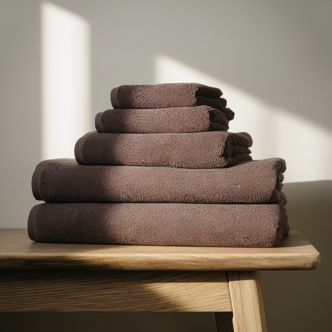 Folded Truenova cotton towels stacked on a wooden bench