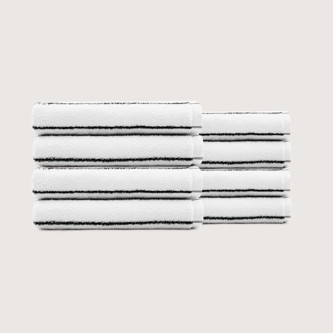 Pack of 8 Truenova Ultrasoft cotton hand towels in Cloud White & Black stripe