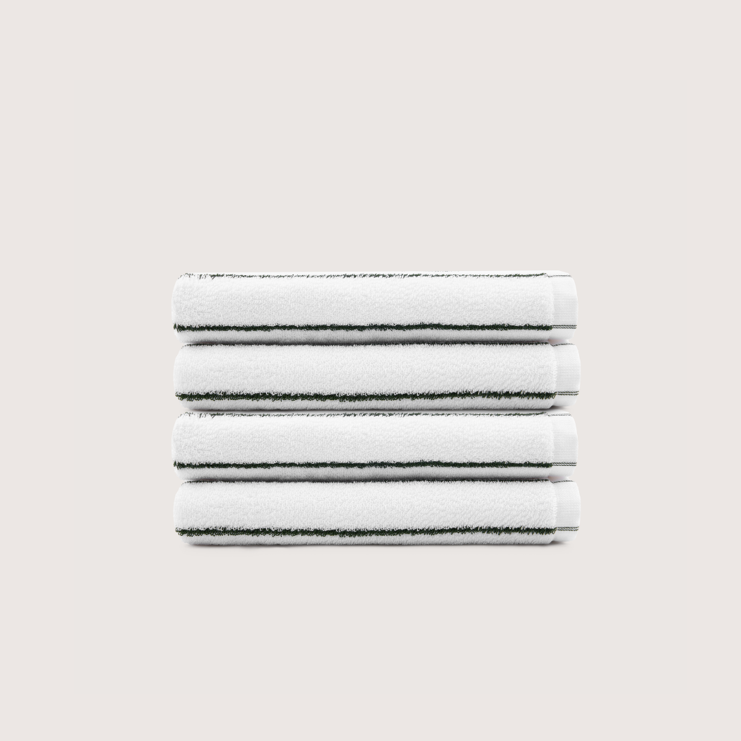 Pack of 4 Truenova Ultrasoft cotton hand towels in Cloud White & Olive Green stripe