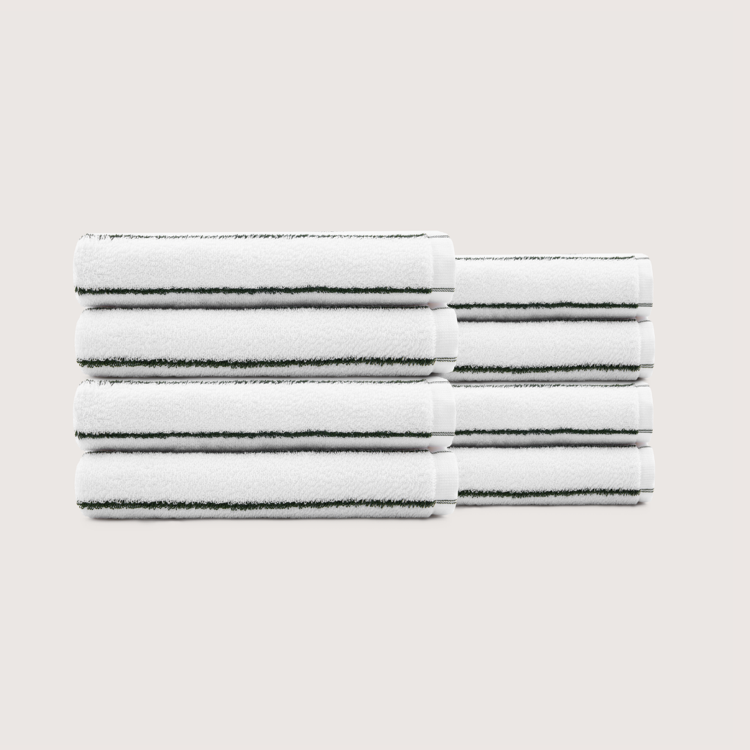 Pack of 8 Truenova Ultrasoft cotton hand towels in Cloud White & Olive Green stripe