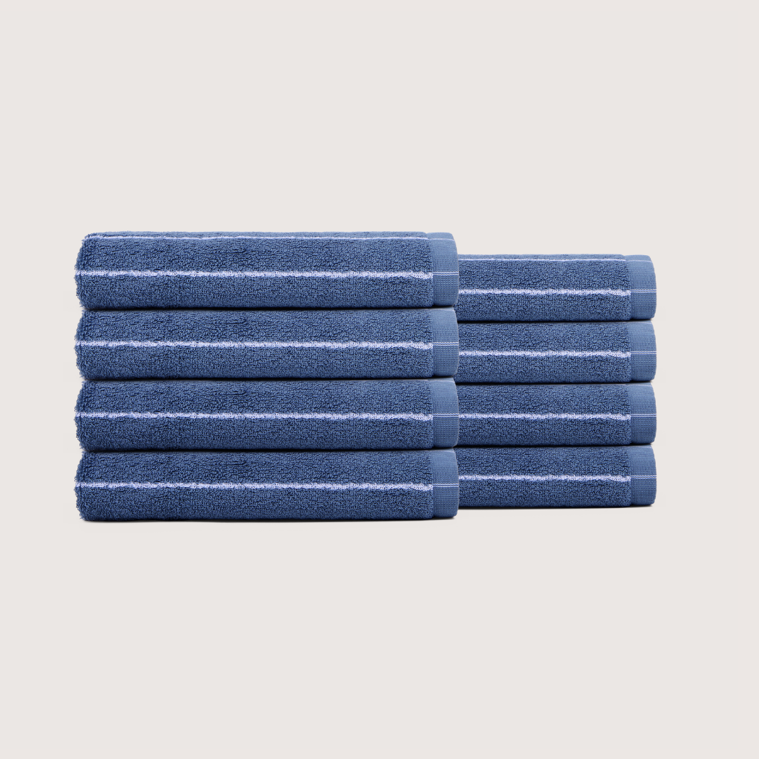 Pack of 8 Truenova Ultrasoft cotton hand towels in Lapiz Blue & White stripe