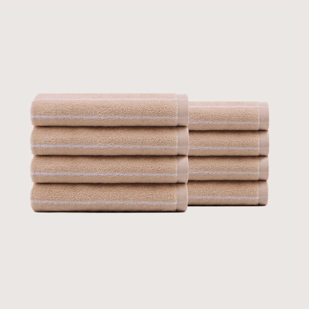 Pack of 8 Truenova Ultrasoft cotton hand towels in Sand & White stripe