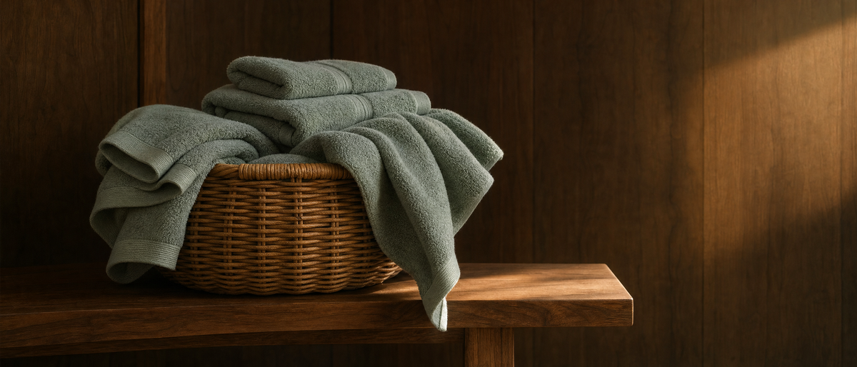 Sage Truenova towels in a woven basket